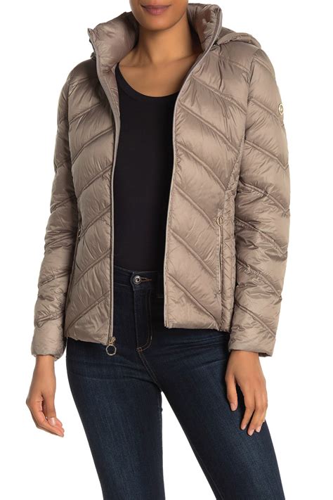 michael kors packable hooded zip down puffer jacket|Michael Kors puffer jacket packable.